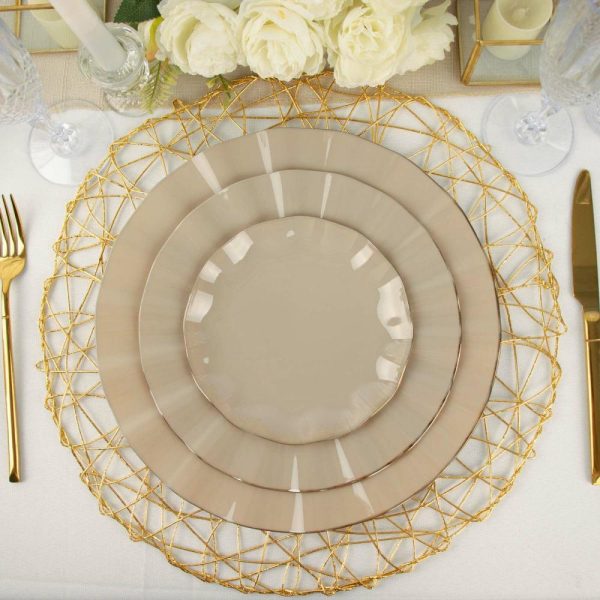 Plastic Plates |  10 Pack 11″ Taupe Disposable Dinner Plates With Gold Ruffled Rim, Round Plastic Party Plates