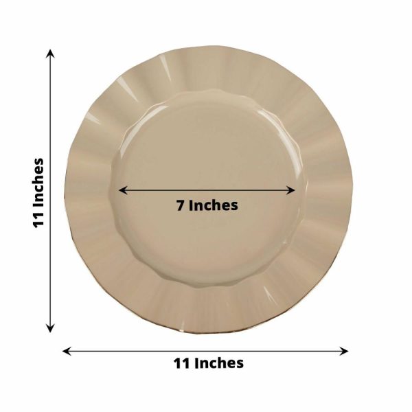 Plastic Plates |  10 Pack 11″ Taupe Disposable Dinner Plates With Gold Ruffled Rim, Round Plastic Party Plates