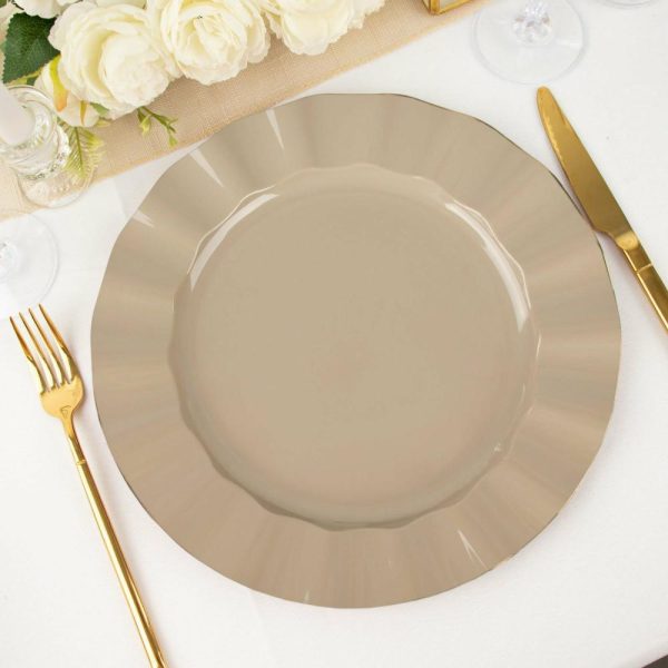 Plastic Plates |  10 Pack 11″ Taupe Disposable Dinner Plates With Gold Ruffled Rim, Round Plastic Party Plates