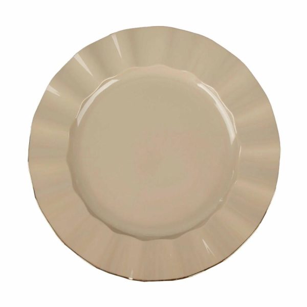 Plastic Plates |  10 Pack 11″ Taupe Disposable Dinner Plates With Gold Ruffled Rim, Round Plastic Party Plates