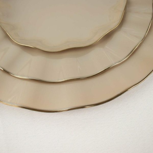 Plastic Plates |  10 Pack 11″ Taupe Disposable Dinner Plates With Gold Ruffled Rim, Round Plastic Party Plates