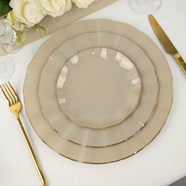 Plastic Plates |  10 Pack 11″ Taupe Disposable Dinner Plates With Gold Ruffled Rim, Round Plastic Party Plates