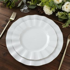 Plastic Plates |  10 Pack 11″ White Disposable Dinner Plates With Gold Ruffled Rim, Round Plastic Party Plates