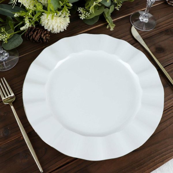 Plastic Plates |  10 Pack 11″ White Disposable Dinner Plates With Gold Ruffled Rim, Round Plastic Party Plates