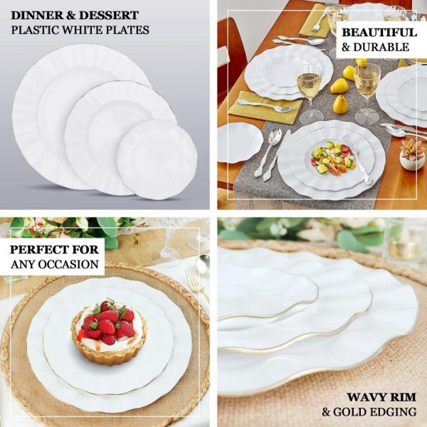 Plastic Plates |  10 Pack 11″ White Disposable Dinner Plates With Gold Ruffled Rim, Round Plastic Party Plates