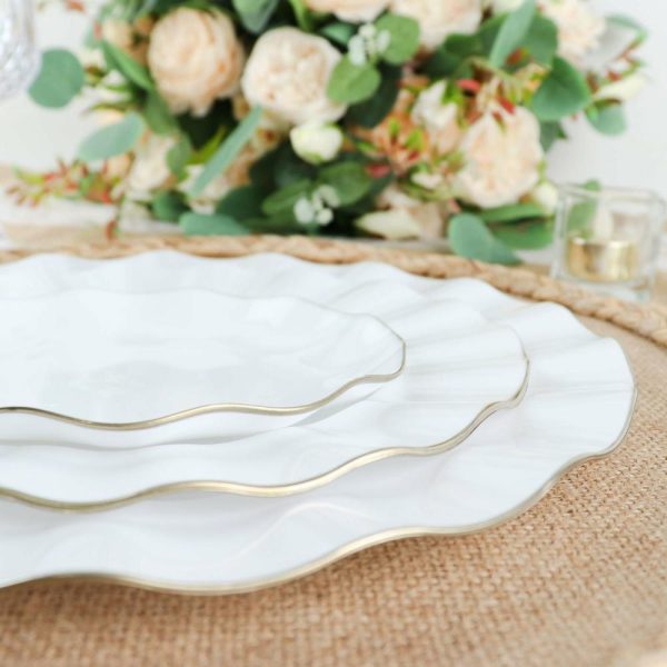 Plastic Plates |  10 Pack 11″ White Disposable Dinner Plates With Gold Ruffled Rim, Round Plastic Party Plates