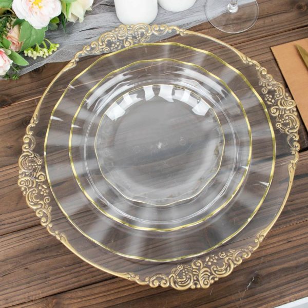 Plastic Plates |  10 Pack 6″ Clear Heavy Duty Disposable Salad Plates with Gold Ruffled Rim, Heavy Duty Disposable Appetizer Dessert Dinnerware