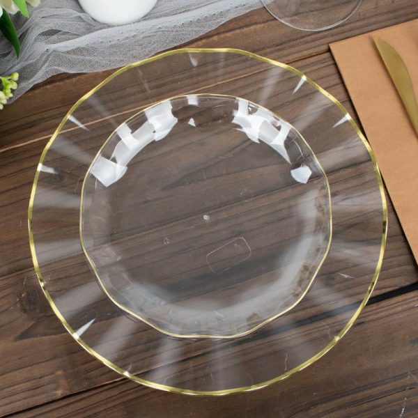 Plastic Plates |  10 Pack 6″ Clear Heavy Duty Disposable Salad Plates with Gold Ruffled Rim, Heavy Duty Disposable Appetizer Dessert Dinnerware