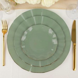 Plastic Plates |  10 Pack 6″ Dusty Sage Green Heavy Duty Disposable Salad Plates with Gold Ruffled Rim, Heavy Duty Disposable Appetizer Dessert Dinnerware