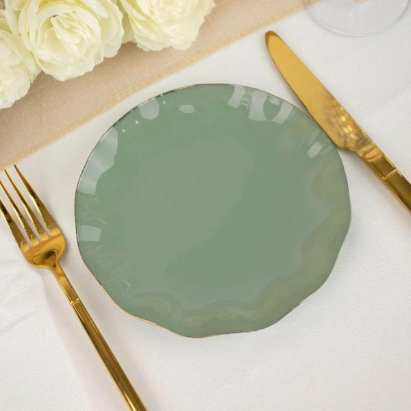 Plastic Plates |  10 Pack 6″ Dusty Sage Green Heavy Duty Disposable Salad Plates with Gold Ruffled Rim, Heavy Duty Disposable Appetizer Dessert Dinnerware