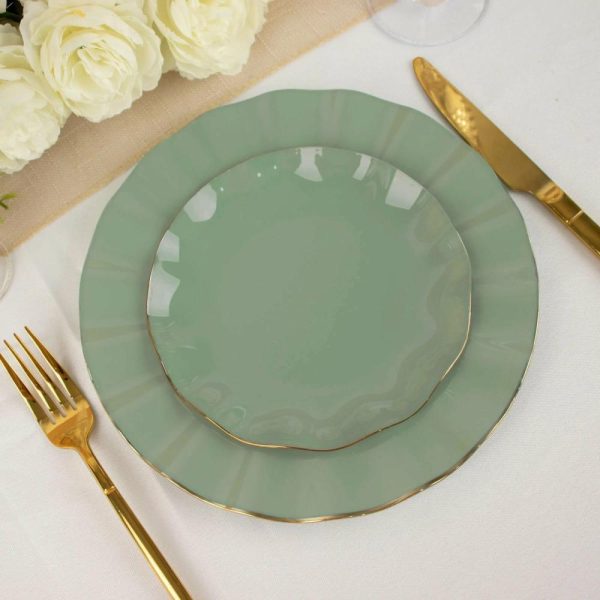 Plastic Plates |  10 Pack 6″ Dusty Sage Green Heavy Duty Disposable Salad Plates with Gold Ruffled Rim, Heavy Duty Disposable Appetizer Dessert Dinnerware