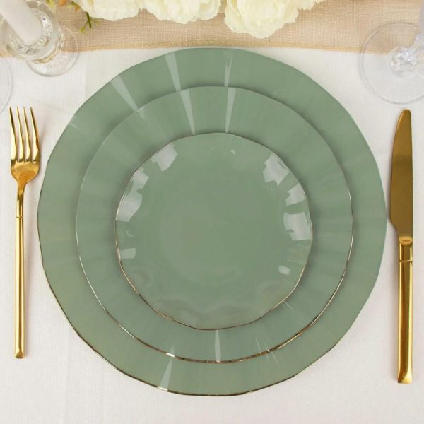 Plastic Plates |  10 Pack 6″ Dusty Sage Green Heavy Duty Disposable Salad Plates with Gold Ruffled Rim, Heavy Duty Disposable Appetizer Dessert Dinnerware