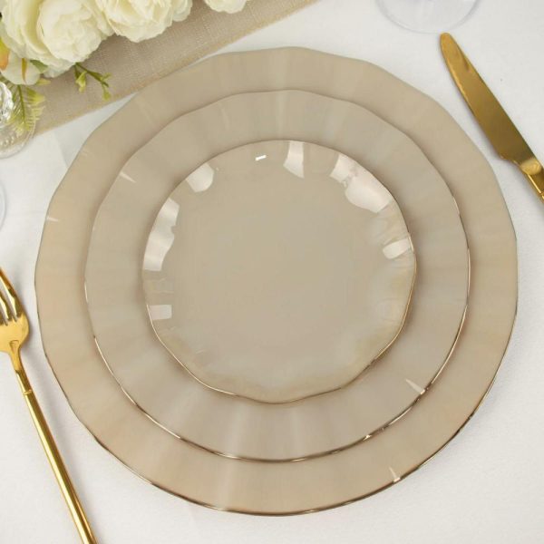 Plastic Plates |  10 Pack 6″ Taupe Heavy Duty Disposable Salad Plates with Gold Ruffled Rim, Heavy Duty Disposable Appetizer Dessert Dinnerware