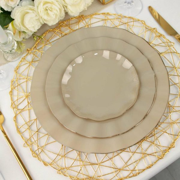 Plastic Plates |  10 Pack 6″ Taupe Heavy Duty Disposable Salad Plates with Gold Ruffled Rim, Heavy Duty Disposable Appetizer Dessert Dinnerware