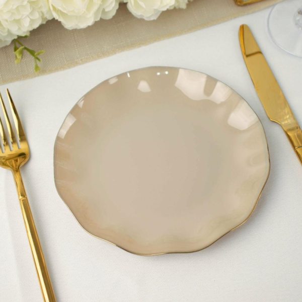 Plastic Plates |  10 Pack 6″ Taupe Heavy Duty Disposable Salad Plates with Gold Ruffled Rim, Heavy Duty Disposable Appetizer Dessert Dinnerware