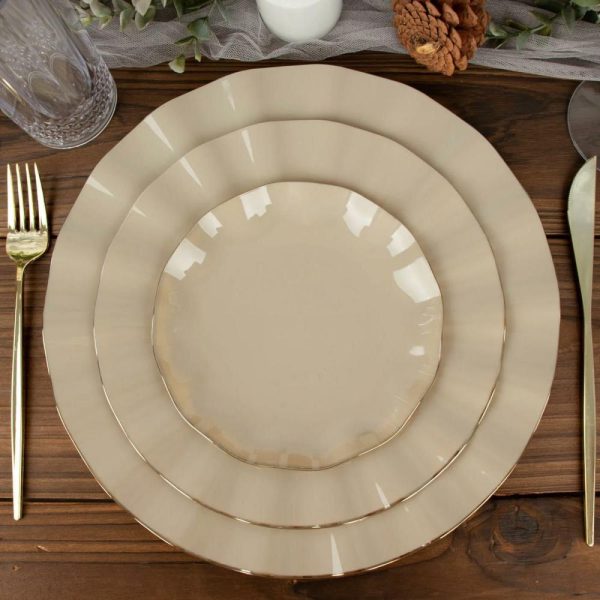 Plastic Plates |  10 Pack 6″ Taupe Heavy Duty Disposable Salad Plates with Gold Ruffled Rim, Heavy Duty Disposable Appetizer Dessert Dinnerware