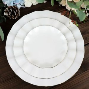 Plastic Plates |  10 Pack 6″ White Heavy Duty Disposable Salad Plates with Gold Ruffled Rim, Heavy Duty Disposable Appetizer Dessert Dinnerware