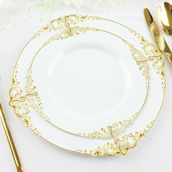 Plastic Plates |  10 Pack 8″ White Plastic Salad Plates With Gold Leaf Embossed Baroque Rim, Round Disposable Appetizer Dessert Plates