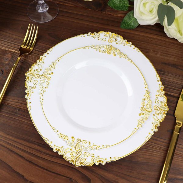 Plastic Plates |  10 Pack 8″ White Plastic Salad Plates With Gold Leaf Embossed Baroque Rim, Round Disposable Appetizer Dessert Plates