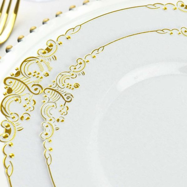 Plastic Plates |  10 Pack 8″ White Plastic Salad Plates With Gold Leaf Embossed Baroque Rim, Round Disposable Appetizer Dessert Plates