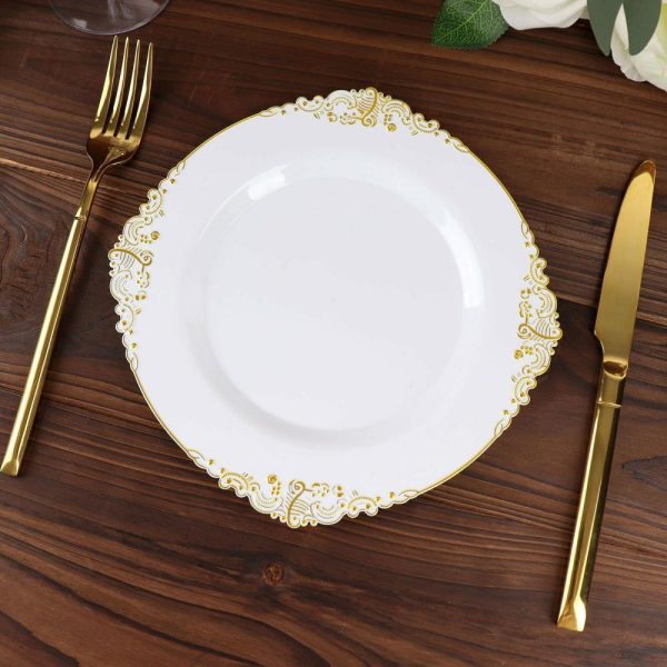 Plastic Plates |  10 Pack 8″ White Plastic Salad Plates With Gold Leaf Embossed Baroque Rim, Round Disposable Appetizer Dessert Plates