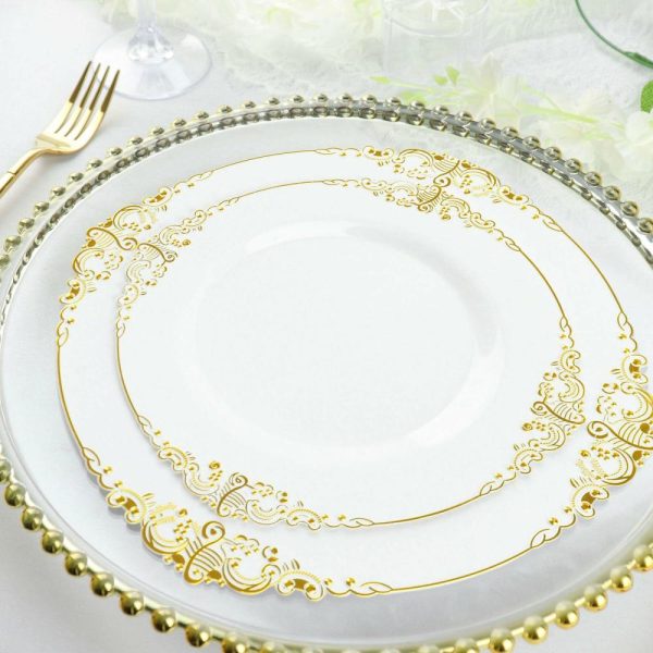 Plastic Plates |  10 Pack 8″ White Plastic Salad Plates With Gold Leaf Embossed Baroque Rim, Round Disposable Appetizer Dessert Plates