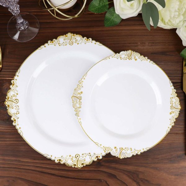 Plastic Plates |  10 Pack 8″ White Plastic Salad Plates With Gold Leaf Embossed Baroque Rim, Round Disposable Appetizer Dessert Plates