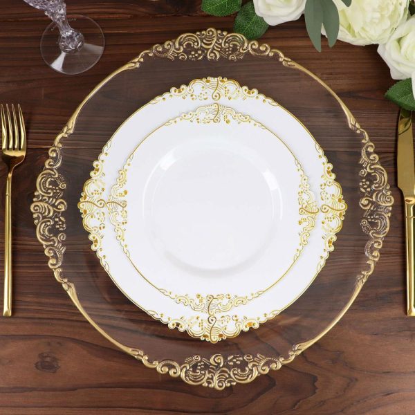 Plastic Plates |  10 Pack 8″ White Plastic Salad Plates With Gold Leaf Embossed Baroque Rim, Round Disposable Appetizer Dessert Plates