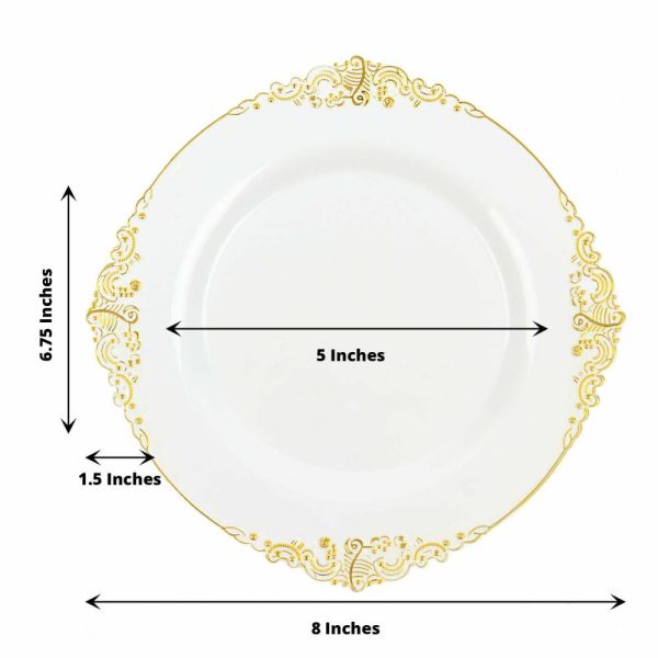 Plastic Plates |  10 Pack 8″ White Plastic Salad Plates With Gold Leaf Embossed Baroque Rim, Round Disposable Appetizer Dessert Plates