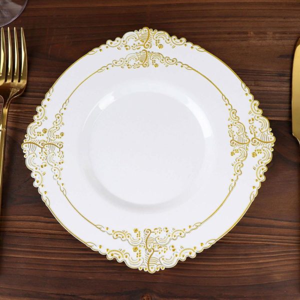 Plastic Plates |  10 Pack 8″ White Plastic Salad Plates With Gold Leaf Embossed Baroque Rim, Round Disposable Appetizer Dessert Plates