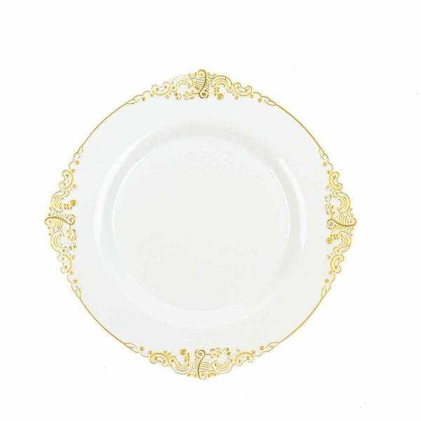 Plastic Plates |  10 Pack 8″ White Plastic Salad Plates With Gold Leaf Embossed Baroque Rim, Round Disposable Appetizer Dessert Plates