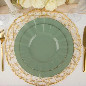 Plastic Plates |  10 Pack 9″ Dusty Sage Green Heavy Duty Disposable Dinner Plates with Gold Ruffled Rim, Hard Plastic Dinnerware