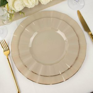 Plastic Plates |  10 Pack 9″ Taupe Heavy Duty Disposable Dinner Plates with Gold Ruffled Rim, Hard Plastic Dinnerware