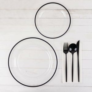 Plastic Plates |  10 Pack Clear Regal Disposable Party Plates With Black Rim, 10″ Round Plastic Dinner Plates