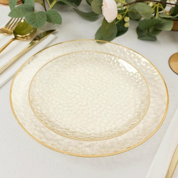 Plastic Plates |  10 Pack Gold Glitter Clear Hammered Disposable Party Plates, 9″ Round Plastic Dinner Plates With Gold Rim