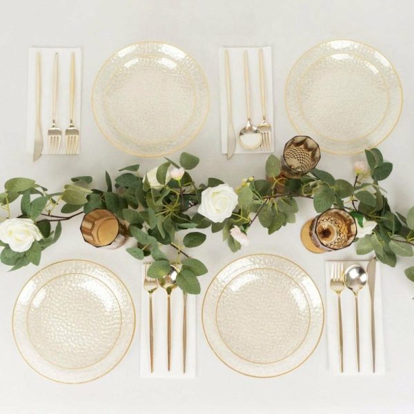 Plastic Plates |  10 Pack Gold Glitter Clear Hammered Disposable Party Plates, 9″ Round Plastic Dinner Plates With Gold Rim