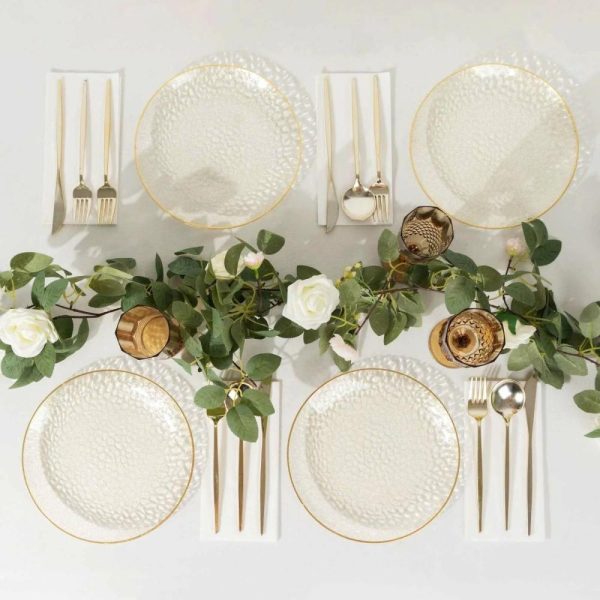 Plastic Plates |  10 Pack Gold Glitter Clear Hammered Disposable Party Plates, 9″ Round Plastic Dinner Plates With Gold Rim