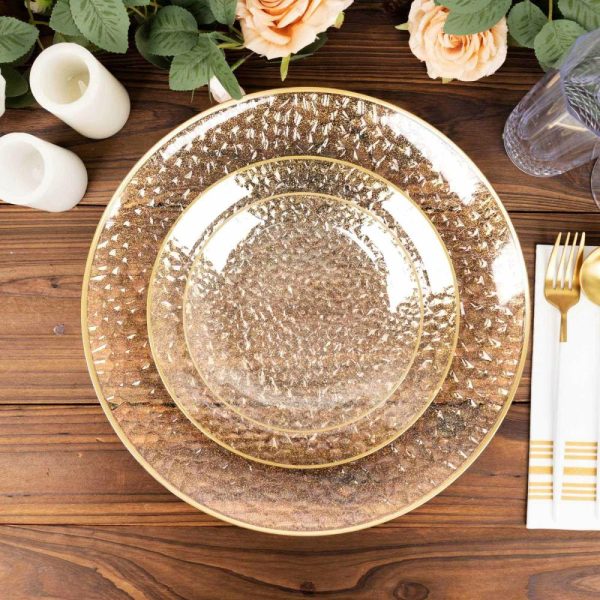 Plastic Plates |  10 Pack Gold Glitter Clear Hammered Disposable Party Plates, 9″ Round Plastic Dinner Plates With Gold Rim