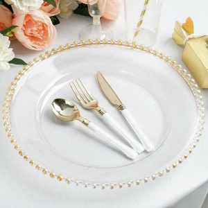 Plastic Plates |  6 Pack 13″ Clear Gold Acrylic Plastic Charger Plates With Gold Beaded Rim