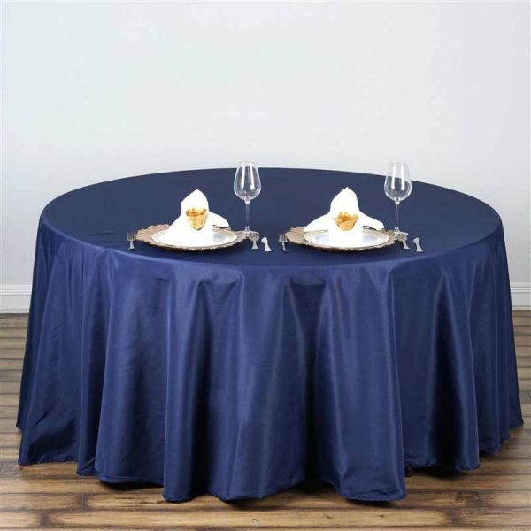 Polyester |  108″ Navy Blue Seamless Polyester Round Tablecloth