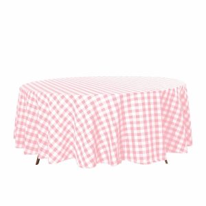 Polyester |  108″ White Rose Quartz Seamless Buffalo Plaid Round Tablecloth, Checkered Gingham Polyester Tablecloth