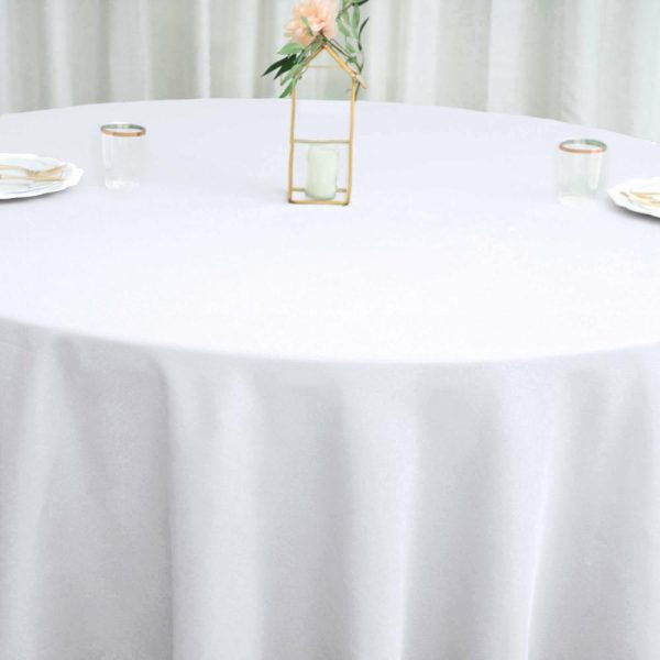 Polyester |  108″ White Seamless Polyester Round Tablecloth