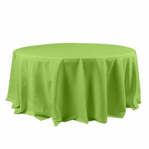 Polyester |  120″ Apple Green Seamless Polyester Round Tablecloth for 5 Foot Table With Floor-Length Drop