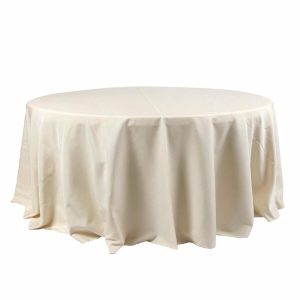 Polyester |  120″ Beige Seamless Polyester Round Tablecloth for 5 Foot Table With Floor-Length Drop