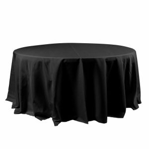 Polyester |  120″ Black Seamless Polyester Round Tablecloth for 5 Foot Table With Floor-Length Drop