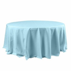 Polyester |  120″ Blue Seamless Polyester Round Tablecloth for 5 Foot Table With Floor-Length Drop