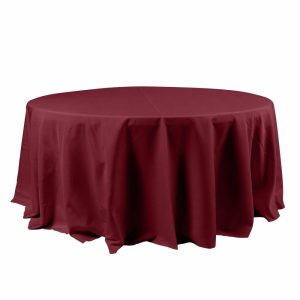 Polyester |  120″ Burgundy Seamless Polyester Round Tablecloth for 5 Foot Table With Floor-Length Drop