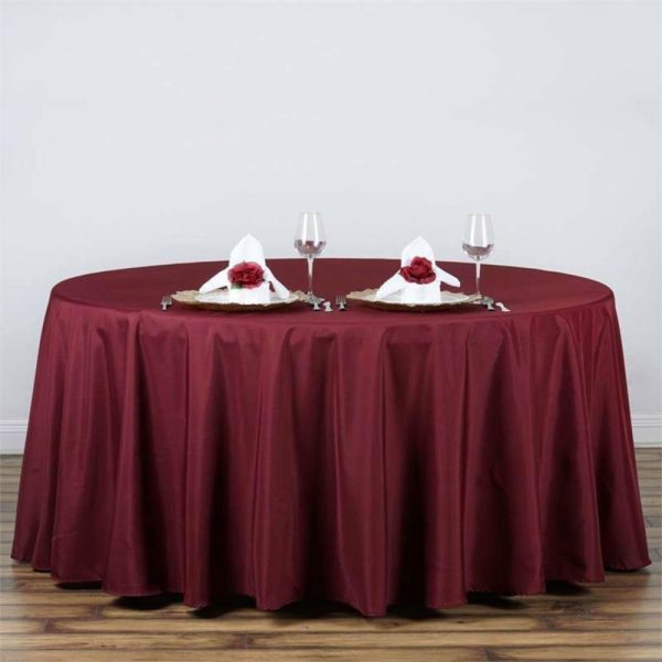 Polyester |  120″ Burgundy Seamless Polyester Round Tablecloth for 5 Foot Table With Floor-Length Drop