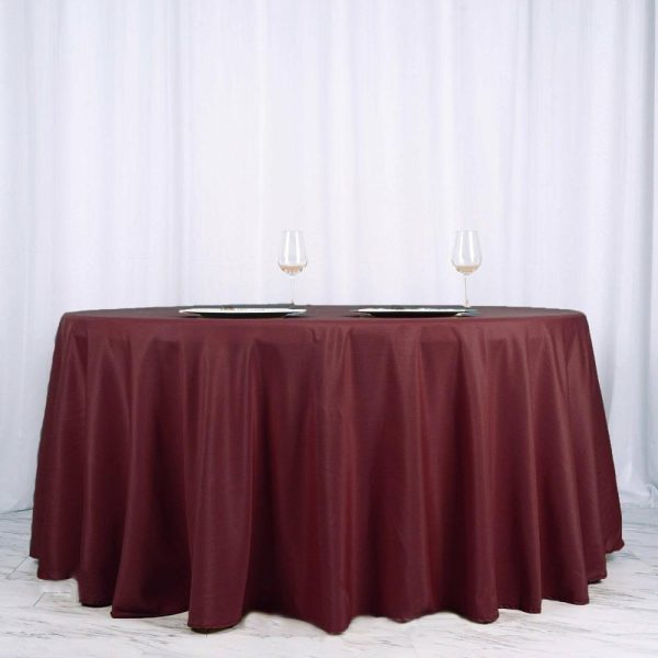 Polyester |  120″ Burgundy Seamless Polyester Round Tablecloth for 5 Foot Table With Floor-Length Drop