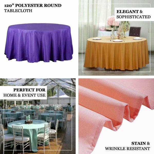 Polyester |  120″ Burgundy Seamless Polyester Round Tablecloth for 5 Foot Table With Floor-Length Drop